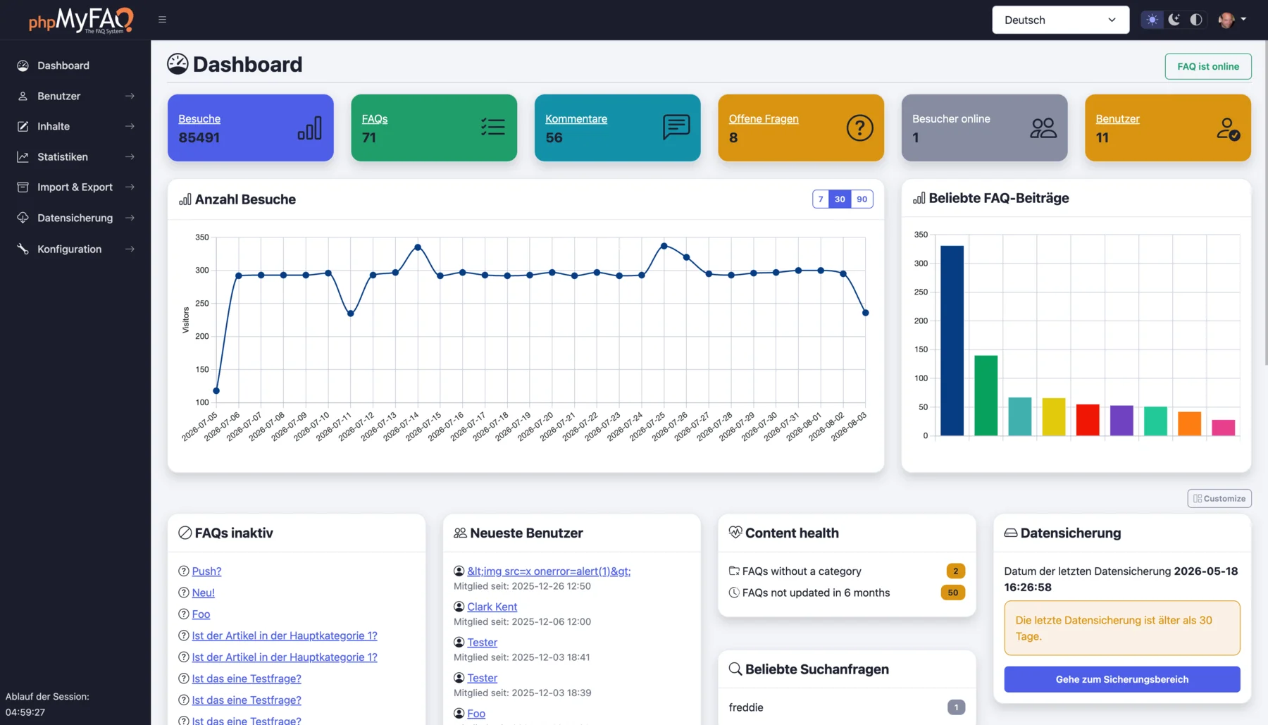 phpMyFAQ admin dashboard