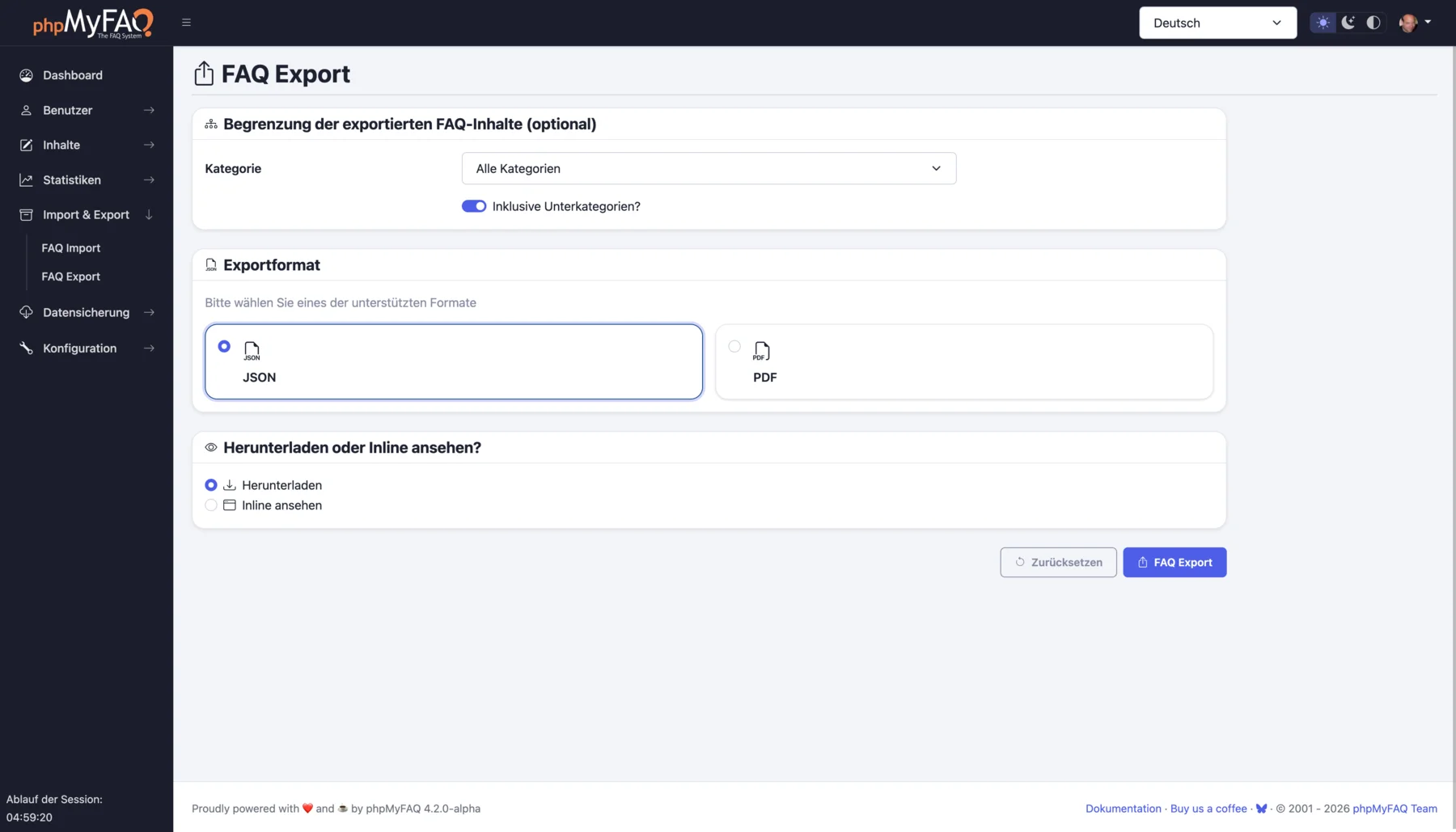 phpMyFAQ export options