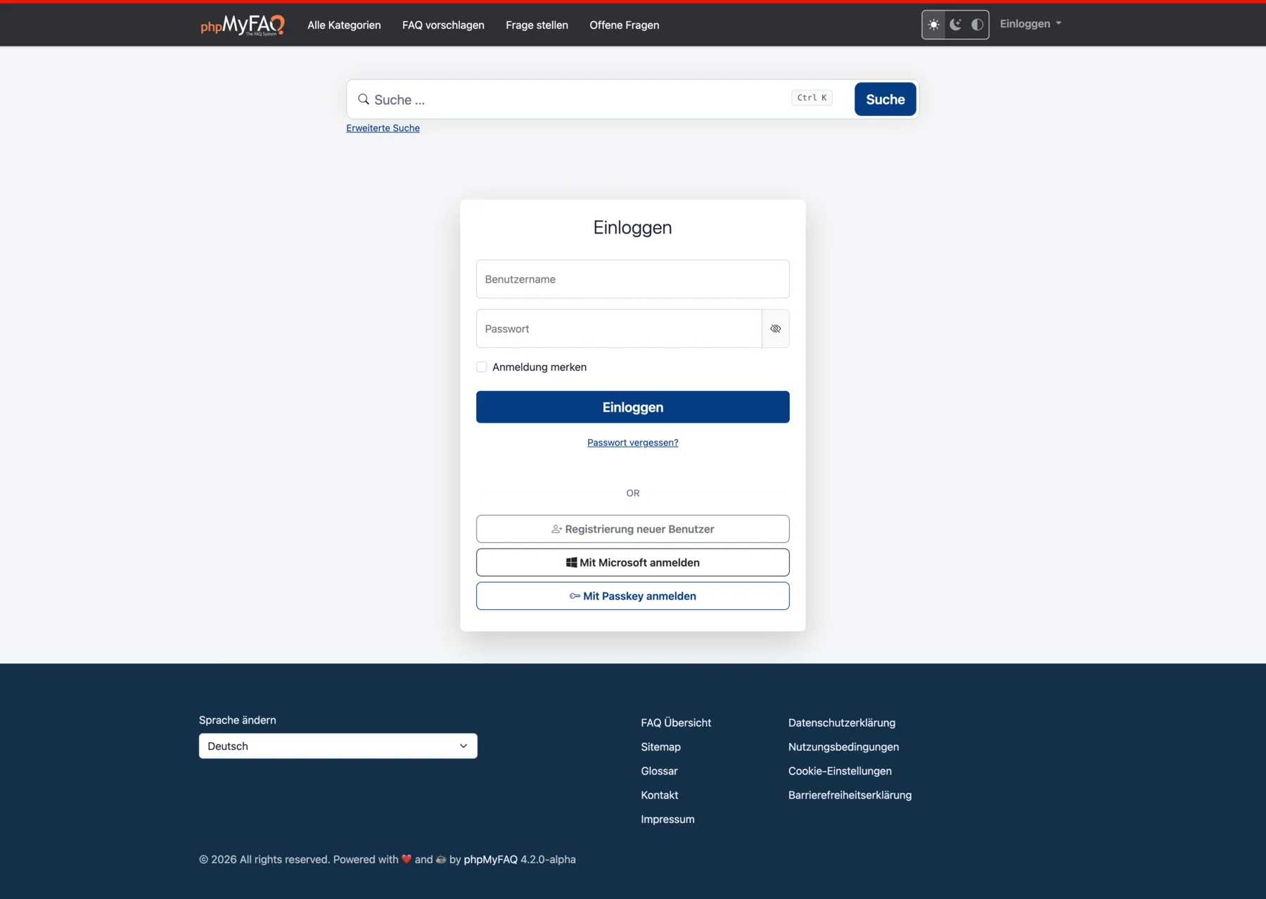 phpMyFAQ sign-in page with Microsoft and passkey login